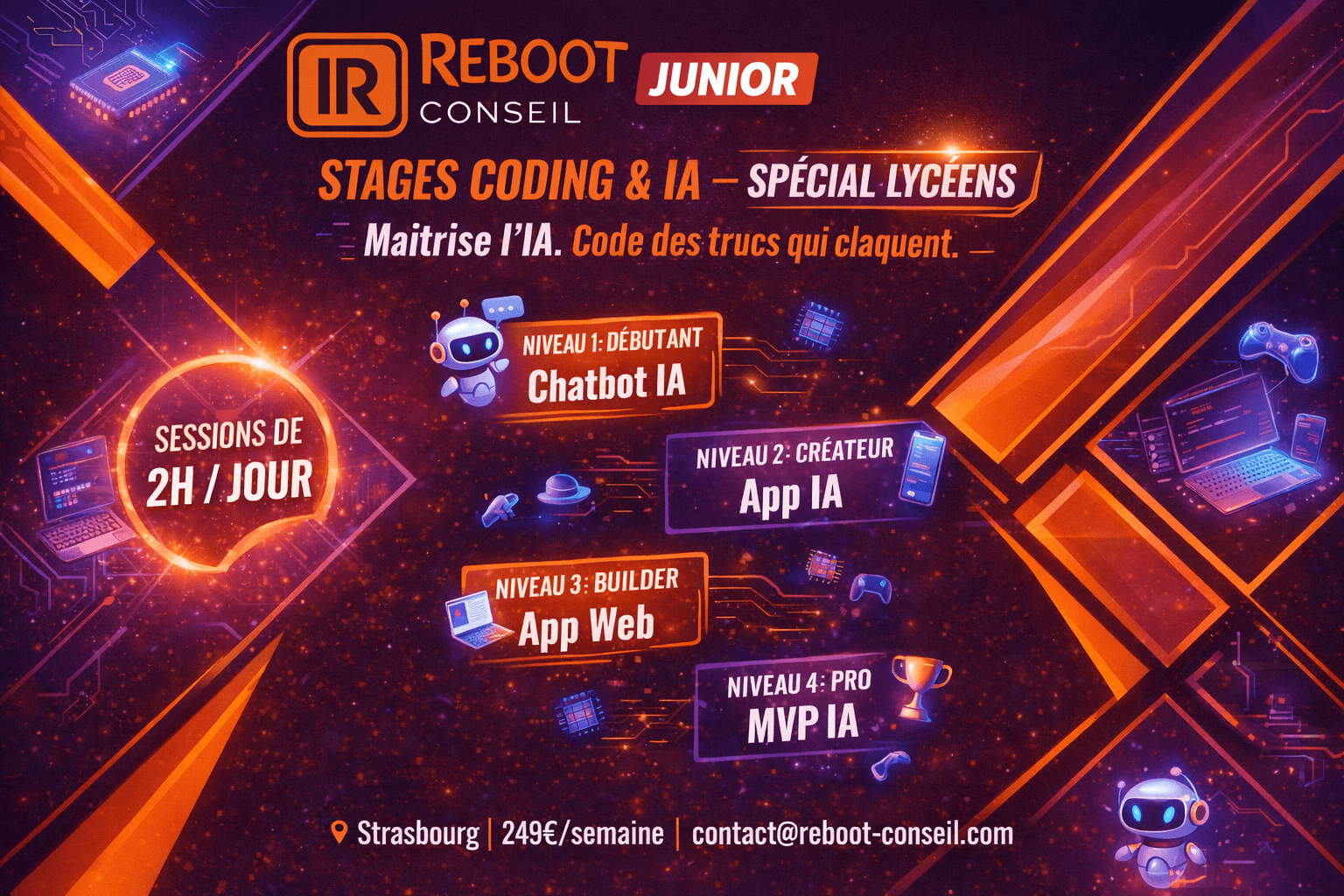 Flyer Reboot Junior — Stages Coding & IA spécial lycéens