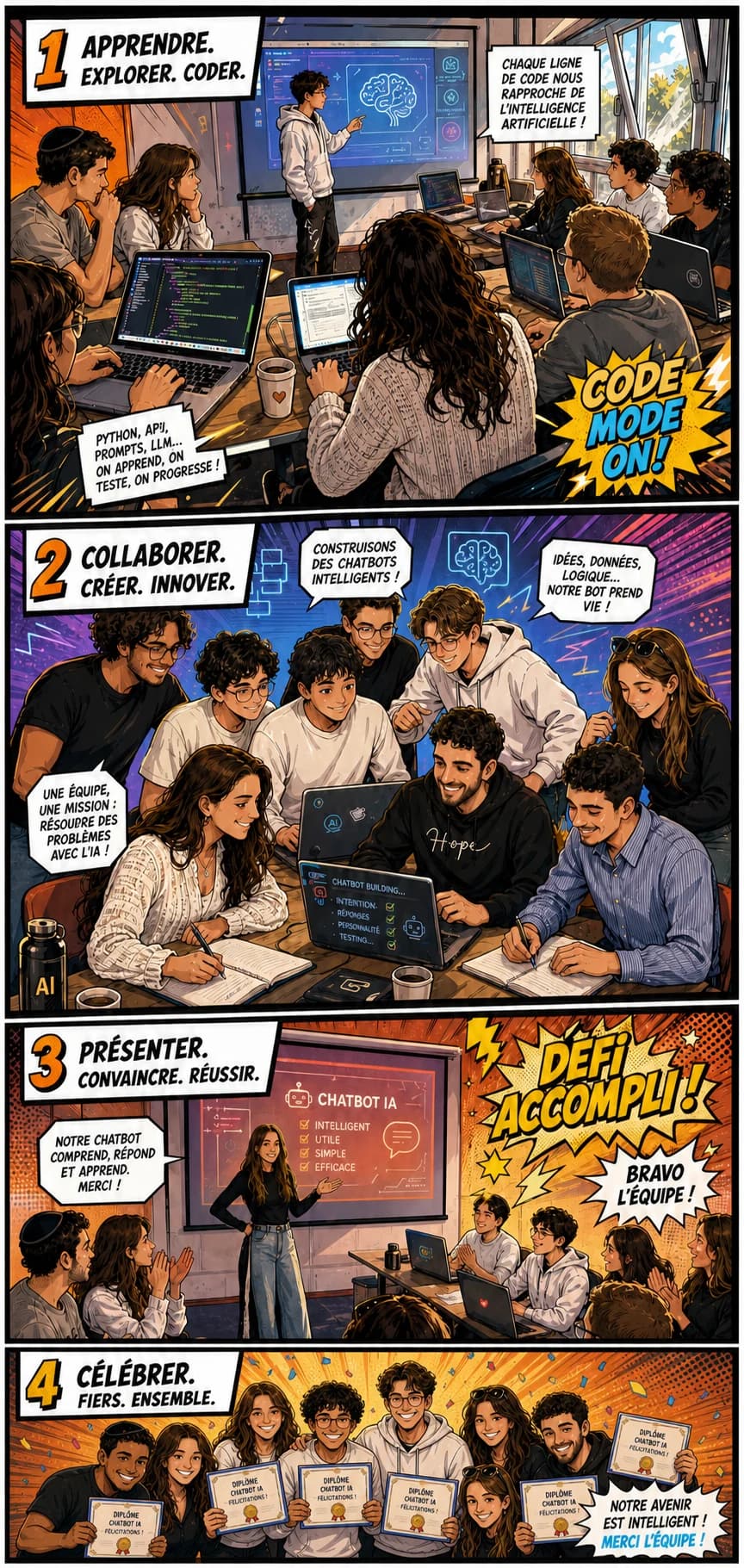 Bande dessinée Reboot Junior en 4 cases : apprendre & coder, collaborer & créer, présenter & convaincre, célébrer ensemble.