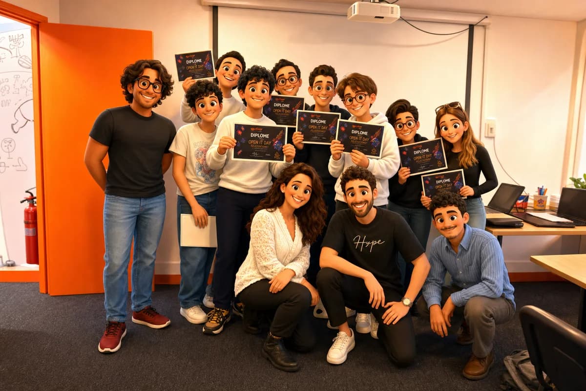 Première promo Reboot Junior : un groupe de lycéens et leurs deux encadrants, fiers, leur diplôme en main, devant la porte orange des locaux Reboot.