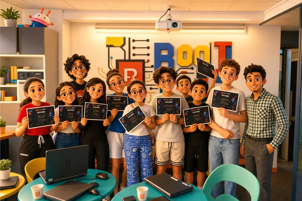 Deuxième promo Reboot Junior : un groupe de lycéens fiers, leur diplôme en main, devant le logo Reboot.